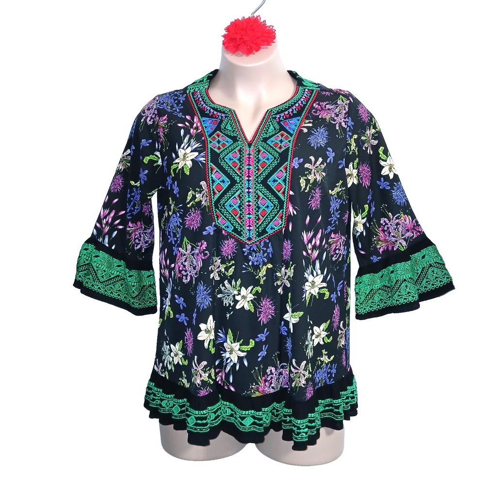 Calessa Women Embroidered Bell Sleeve Tunic Top L Black Green Floral Bohemian